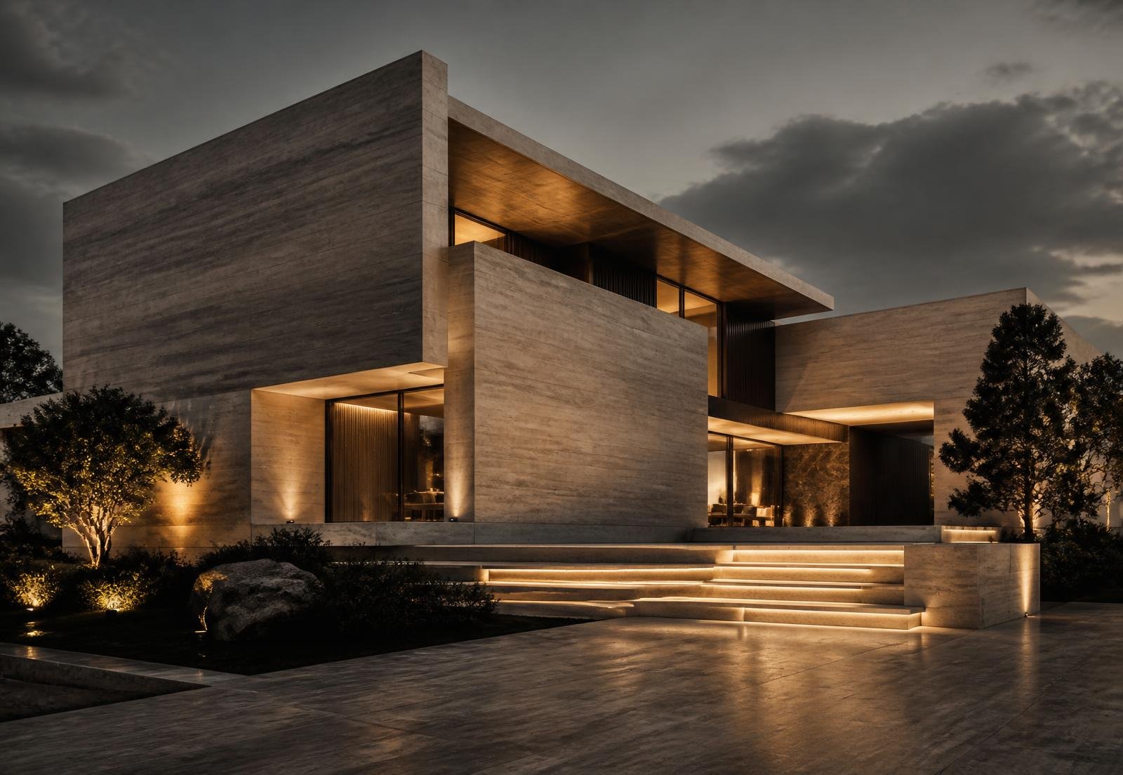 Travertine residence illuminated at dusk