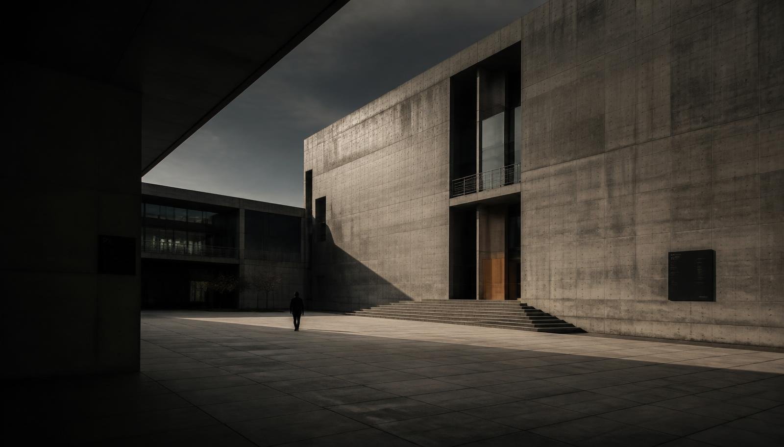 Concrete courtyard with long afternoon shadows